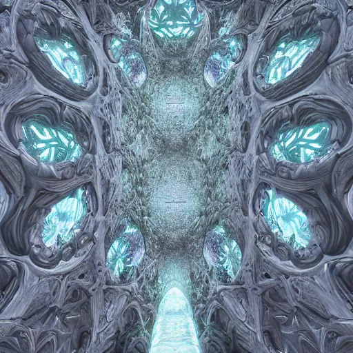 Prompt: a hyperrealistic 3 d painting of a massive sprawling fractal cathedral interior populated by mandelbrot fractals by android jones, unreal engine, carved soap, white color scheme, volumetric lighting, octane render, glowing, carved marble, opalescent, carved wood, sacred geometry, religious, angelic, catholicpunk, photorealism, 8 k, ultra detailed