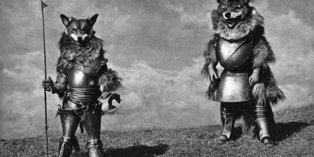 Image similar to anthropomorphic furry wolf in armor standing tall in front of a castle, 1900s picture