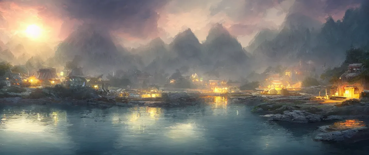 Image similar to small fishing village around a lake, concept art, digital painting, style of jordan grimmer, warm lighting, futuristic, volumetric lighting, view from below, vivid colours, bright, daytime, godrays, high detail