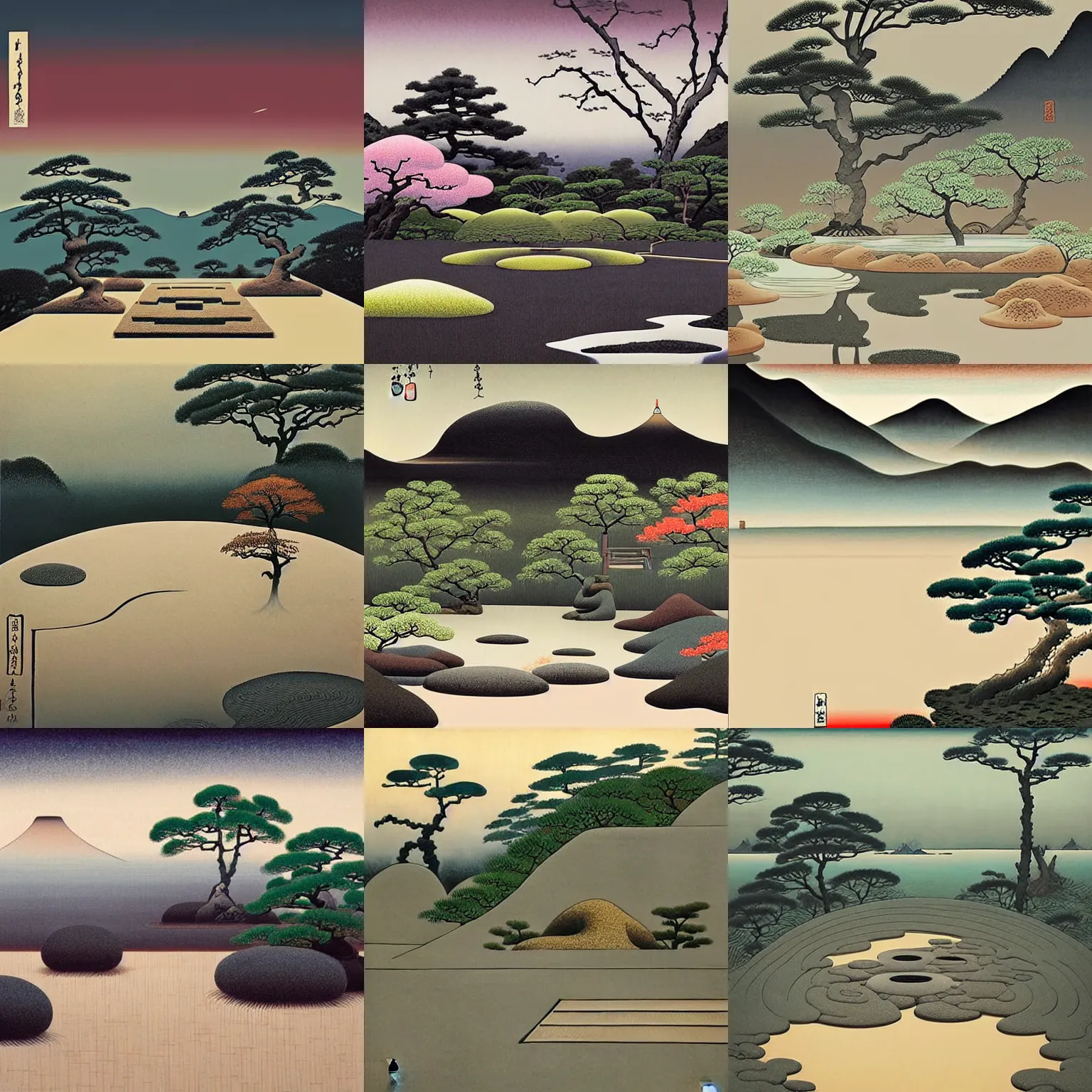 Prompt: a gorgeous, fantastic, zen garden landscape by michael kidd, james gurney, trending on artstation, artgerm, ukiyo - e, acrylic on canvas, muted colors, darker,!! low contrast!!, futuresynth