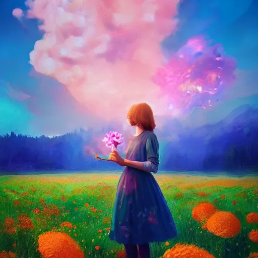 Image similar to girl with an blooming flower for a face, surreal photography, dream, standing in flower field, magical, in a valley, sunrise dramatic light, impressionist painting, colorful clouds, artstation, simon stalenhag, exploding flower face