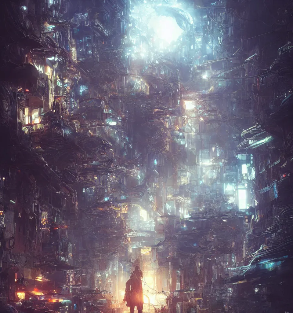 Image similar to cybernetic traveler, cinematic, highly detailed, octane render, cg, rich cinematic atmosphere, perfect digital art, mystical journey in strange world, Mystical, cyberpunk, sci-fi, surreal, glowing lights, sharp focus, high detailed, by Akihiko Yoshida, michael whelan and Karol Bak