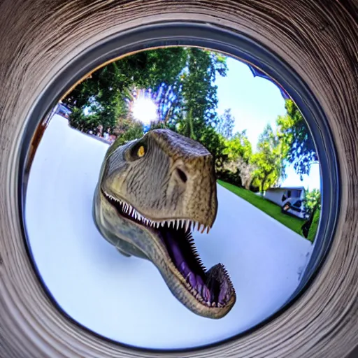 Image similar to fisheye view of dinosaur stealing packages, ring doorbell view