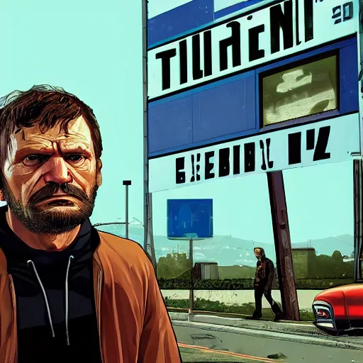 Prompt: Ted kaczynski in GTA V, Cover art by Stephen Bliss, boxart, loading screen