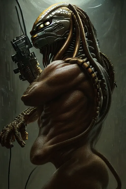Image similar to ultra realistic, predator watches from within a dark room, sci - fi, intricate details, eerie, highly detailed, octane render, 8 k, art by artgerm and alphonse mucha and greg rutkowski
