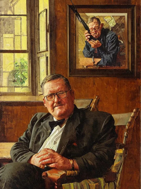 Image similar to portrait of orson scott card seated, in a style blend of norman rockwell and frederick remington and mort kunstler, oil painting, volumetric lighting, intricate details