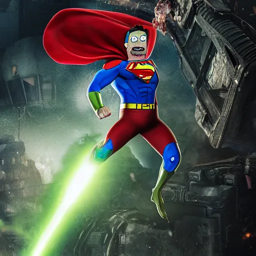 Image similar to pickle rick as superman! in gears of war, splash art, movie still, detailed face, photorealistic facial features, cinematic lighting, dramatic, octane render, long lens, shallow depth of field, bokeh, anamorphic lens flare, 8 k, hyper detailed, 3 5 mm film grain