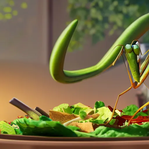 Image similar to a still of a cartoon praying mantis eating a salad, pixar, disney, 8 k, 3 d render, animation movie, trending on artstation, detailed,