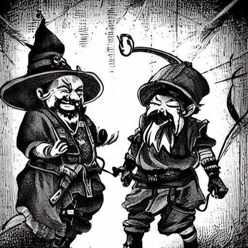 Prompt: precisely drawn illustration of anime two dwarf bandits laughing, old-fashioned tarot card, victorian playing card, sepia tone, wide angle, sharp, fine details, anime, manga, cyberpunk, intense line art, 8k, precise linework, realistic, shaded lighting by katsuhiro otomo ghost-in-the-shell, magali villeneuve, artgerm, rutkowski Jeremy Lipkin and Giuseppe Dangelico Pino and Michael Garmash and Rob Rey