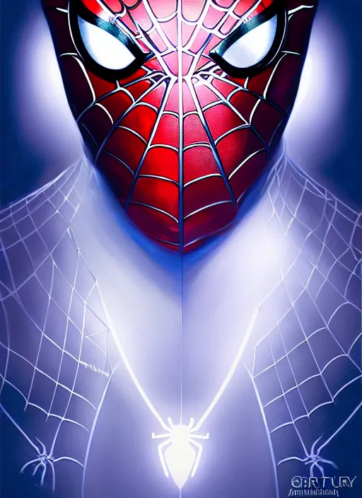 Image similar to symmetry portrait of spider - man, glowing lights, intricate, elegant, highly detailed, digital painting, artstation, concept art, smooth, sharp focus, illustration, art by artgerm and greg rutkowski and alphonse mucha