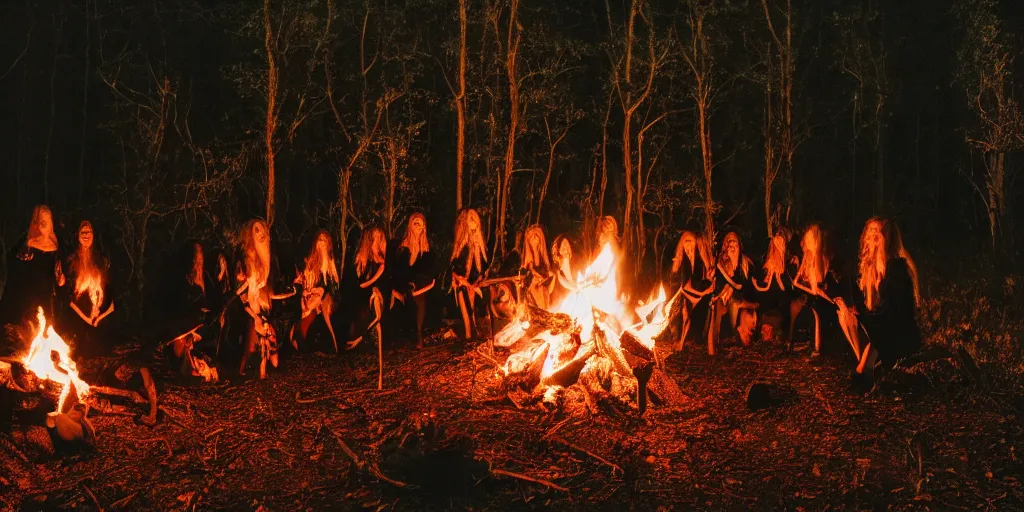 Image similar to witches preparing a ritual around a wildly lit campfire in an ominous forest at night, photography