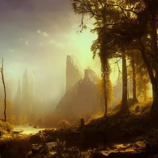 Image similar to painting of a post - apocaliptic wonderland by albert bierstadt, matte painting, unreal engine, 8 k resolution, beautiful, dark ambient