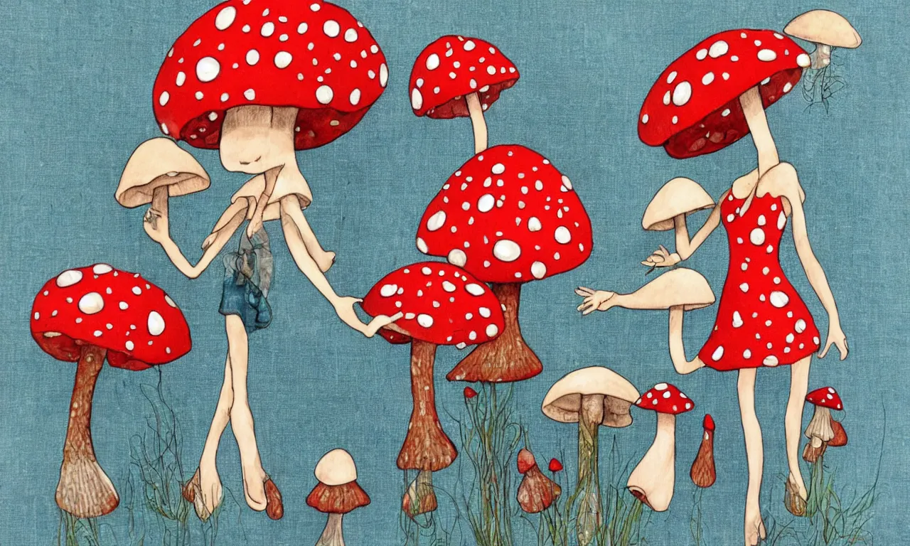 Image similar to beautiful anthropomorphic mushroom woman, buxom, silk, chiffon, patent leather, steel studs, denim, leather, jewels, amanita myscaria