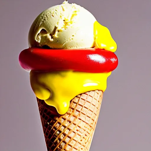 Prompt: promotional photo of an ice cream with hot dog taste, mustard, ketchup, relish,