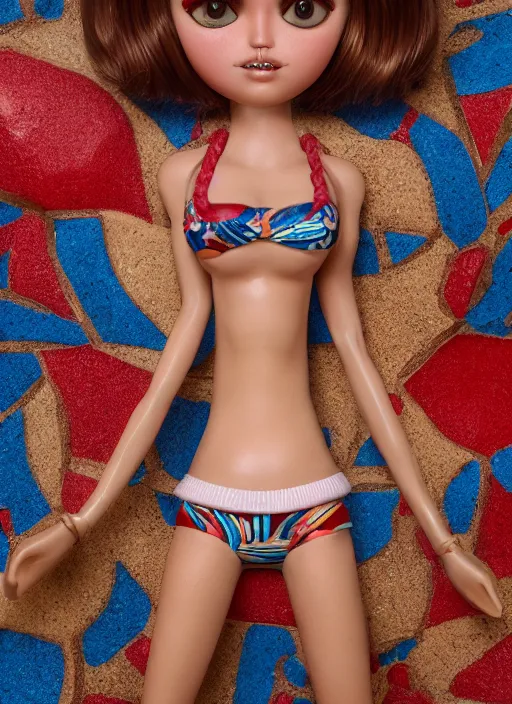 Image similar to closeup profile portrait of tin toy bikini girl surf sand, depth of field, zeiss lens, detailed, symmetrical, centered, fashion photoshoot, by nicoletta ceccoli, mark ryden, lostfish, breathtaking, 8 k resolution, extremely detailed, beautiful, establishing shot, artistic, hyperrealistic, octane render