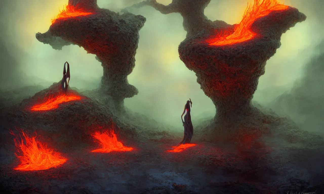 Image similar to The wandering lava mage standing on the misty edge of a fiery caldera by Bastien L. Deharme and Gerald Brom and Mark Arian and Hubert de Lartigue, smooth round rocks, blue flames, low light, glowing orange and purple crystals, green vines, misty, smoky, tonalism, sfumato