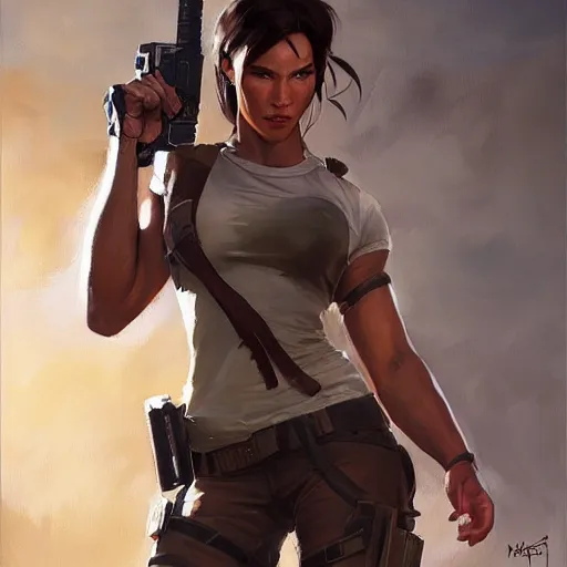 Image similar to greg manchess portrait painting of fully armored lara croft as overwatch character, medium shot, asymmetrical, profile picture, organic painting, sunny day, matte painting, bold shapes, hard edges, street art, trending on artstation, by huang guangjian and gil elvgren and sachin teng