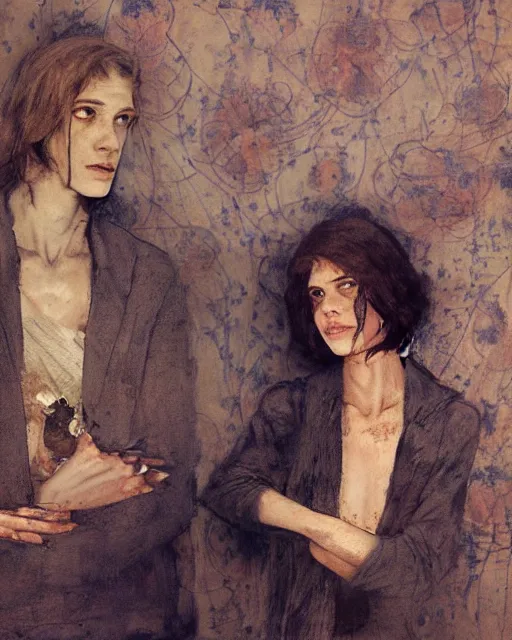 Prompt: two handsome but creepy young people in layers of fear, with haunted eyes and tangled hair, 1 9 7 0 s, seventies, wallpaper, a little blood, moonlight showing injuries, delicate embellishments, painterly, offset printing technique, by coby whitmore, jules bastien - lepage