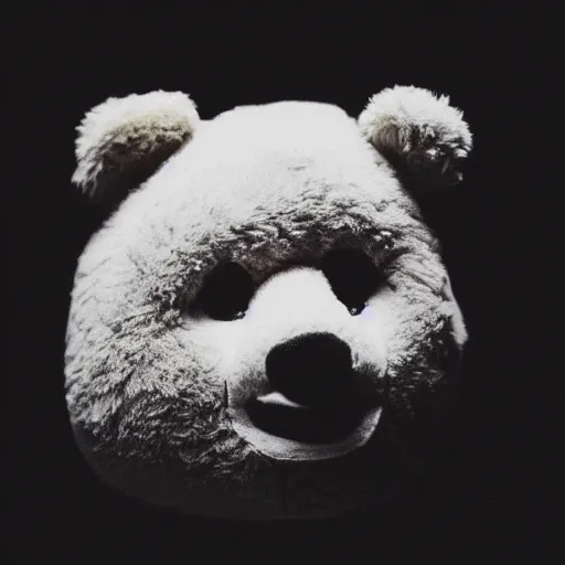 Prompt: a ( ( chiaroscuro lighting portrait ) ) of kanye west dressed as teddy bear mascot, black background, portrait by julia margaret cameron, shallow depth of field, 8 0 mm, f 1. 8