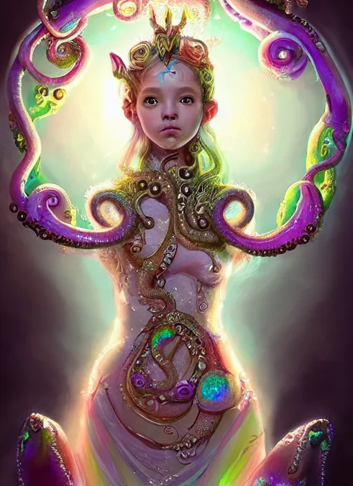 Image similar to A full body shot of a cute young magical girl wearing an ornate dress made of opals and tentacles. Monster GIrl. Subsurface Scattering. Dynamic Pose. Translucent Skin. Rainbow palette. defined facial features, symmetrical facial features. Opalescent surface. Soft Lighting. beautiful lighting. By Giger and Ruan Jia and Artgerm and WLOP and William-Adolphe Bouguereau. Photo real. Hyper-real. Photorealism. Fantasy Illustration. Sailor Moon hair. Masterpiece. trending on artstation, featured on pixiv, award winning, cinematic composition, dramatic pose, sharp, details, Hyper-detailed, HD, HDR, 4K, 8K.