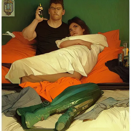 Image similar to guinness bottles and young man in orange shirt and a girl in green shirt sleeping in bed, highly detailed, digital painting, artstation, concept art, smooth, sharp focus, illustration, art by artgerm and greg rutkowski and alphonse mucha