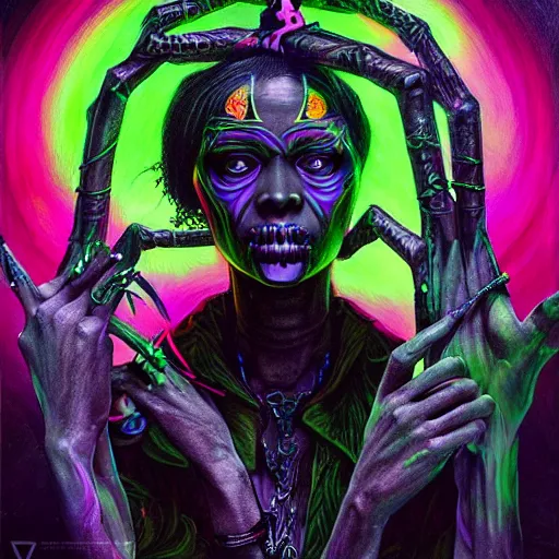 Image similar to a death tarot featuring a haitian voodoo priestess with menacing eyes, blacklight neon colors, by anton semenov and android jones in cyberpunk voodoo style, oil on canvas, 8k