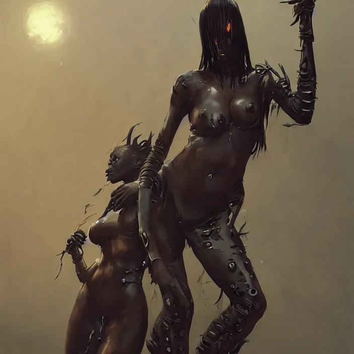 Prompt: african domme mistress, futuristic, rubber, spikes, passionate, smooth, concept art, realistic painting, digital art by greg rutkowski, by junji ito