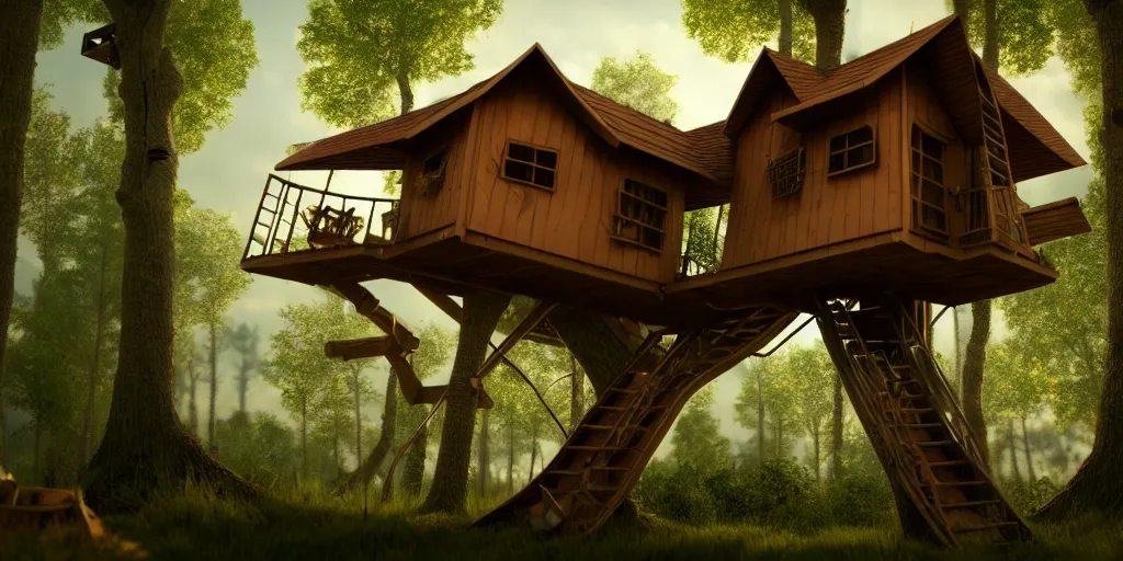 Image similar to in a cardboard treehouse, highly detailed, 8 k, hdr, award - winning, octane render, artstation, volumetric lighting