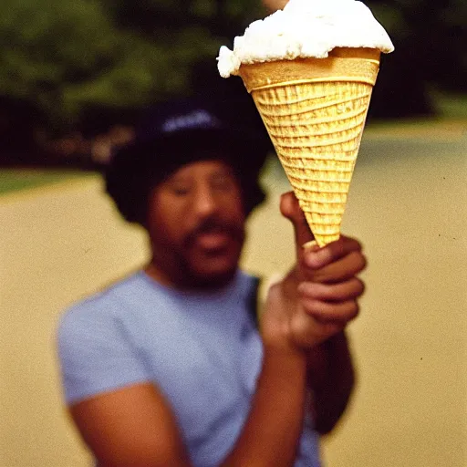 Prompt: a man holding an ice cream cone, arriflex 35