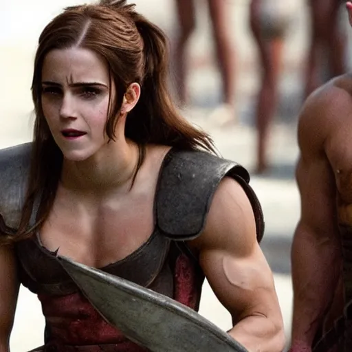 Image similar to first photos of 2 0 2 4 female 3 0 0 remake - muscular emma watson as leonidas, put on 1 0 0 pounds of muscle, looks different, steroids, hgh, ( eos 5 ds r, iso 1 0 0, f / 8, 1 / 1 2 5, 8 4 mm, postprocessed, crisp face, facial features )