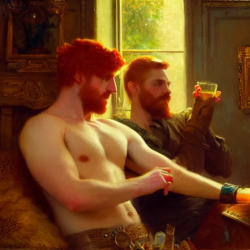 Image similar to attractive male mike with ginger hair with attractive male tyler with brunet hair, drinking their hearts out, in their noble mansion. highly defined painting, highly detailed painting by gaston bussiere, craig mullins 8 k