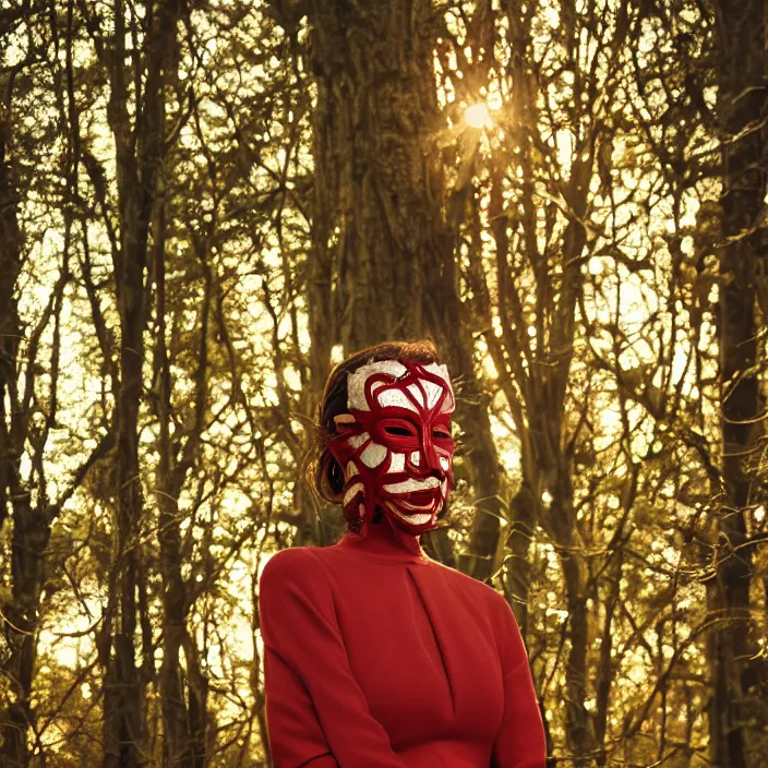 Image similar to a woman with a mask made of red ivy standing in a forest, golden hour, vogue magazine