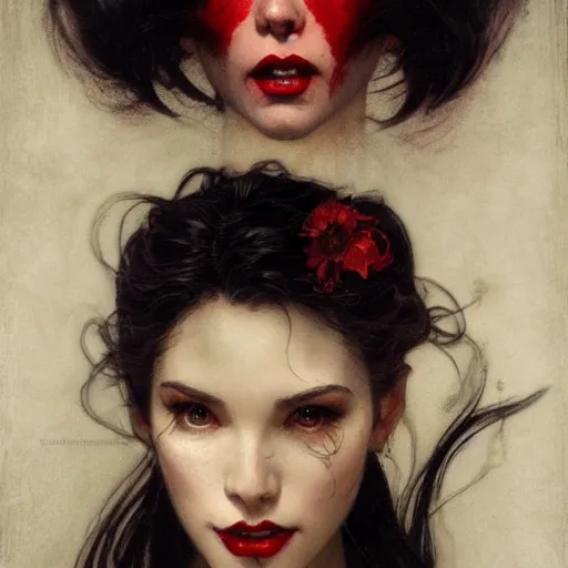 Prompt: portrait of a very beautiful vampire by Stanley Artgerm Lau , greg rutkowski, thomas kindkade, alphonse mucha, loish, norman rockwell, J. C. Leyendecker. dark black hair, pale skin, detailed eyes, red lips, crying tears of blood. Trending on artstation rule of thirds extremely detailed illustration hd 4k