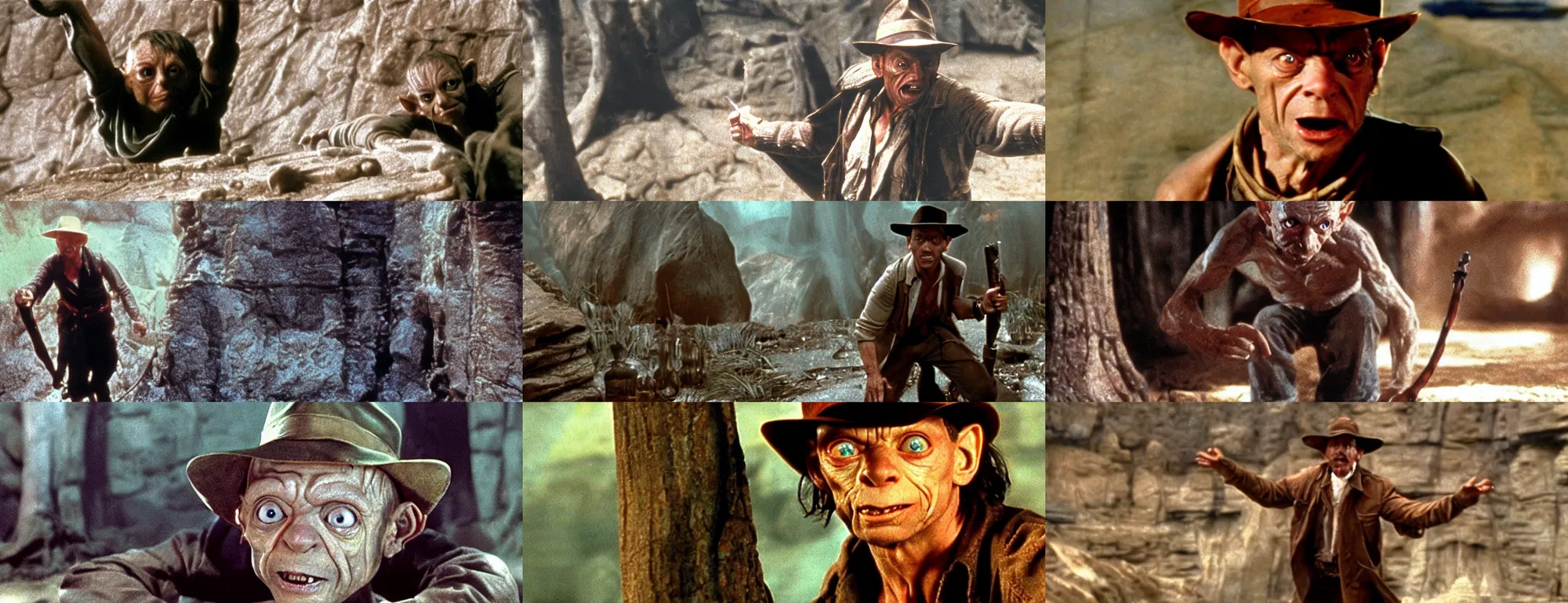 Prompt: a cinematic cinemascope portrait still of gollum as indiana jones in in indiana jones and the last crusade ( 1 9 8 9 ),