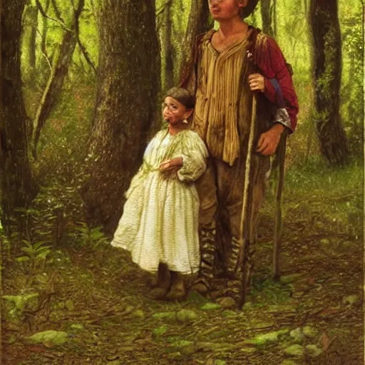 Image similar to a young, poor peasant brother and sister in the forest, wearing peasant clothing, by james gurney and ivan shiskin