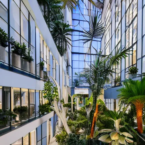 Image similar to The atrium of a refurbished contemporary building filled with tropical plants, blue hour, 4k,