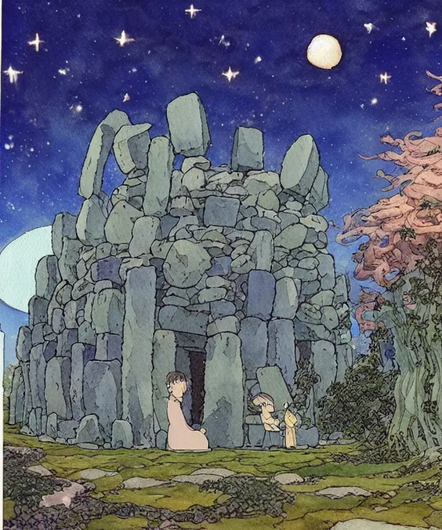 Prompt: a hyperrealist studio ghibli watercolor fantasy concept art. in the foreground is a giant grey octopus building and putting stones in to place on top of stonehenge with shooting stars all over the sky in the background. by rebecca guay, michael kaluta, charles vess