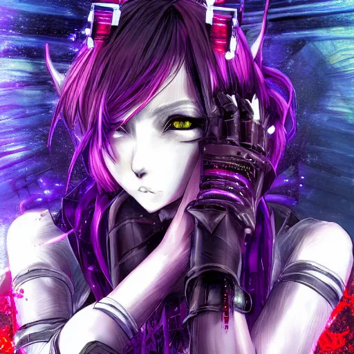 Prompt: anime cyberpunk dark fantasy gothic art, cute and beautiful full body female damaged cyborg - angel in the style of stand alone complex, akira, durararara, red blue purple black fade, braided hair, dark light night, intense watery glowing red eyes, highly intricate detailed, wavy hair, advanced digital anime art, wlop and rossdraws and sakimimichan