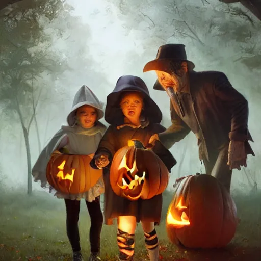 Image similar to epic masterpiece of cinematographic hyperrealism where 3 children appear trick - or - treating in halloween costumes. realistic shaded lighting poster by craig mallismo, artgerm, jeremy lipkin and michael garmash, unreal engine, radiant light, complex detailed environment, digital art, art station trends