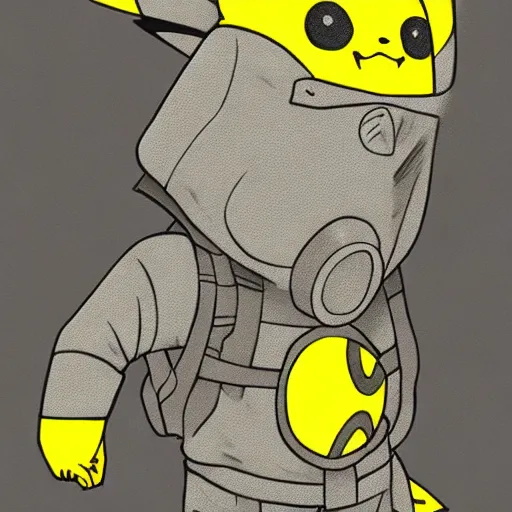 Image similar to Pikachu, wearing a gas mask, Trending on Artstation, Hiroaki Tsutsumi style