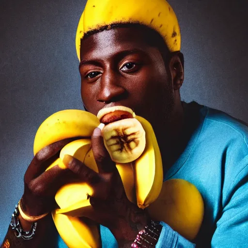 Image similar to angry gucci mane eating bananas in the hood, 8k resolution, full HD, cinematic lighting, award winning, anatomically correct