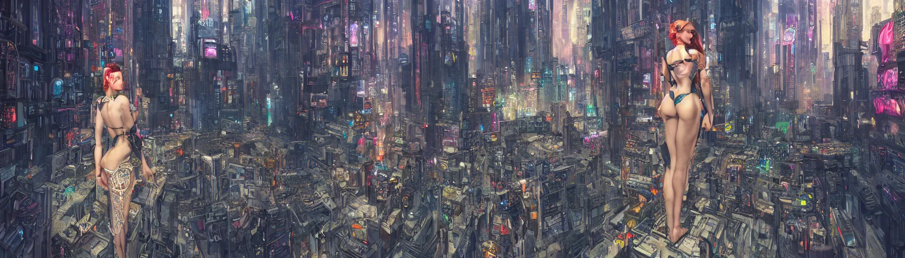 Prompt: a big life-like hologram of a beautiful young woman in the middle of the city centre of a futuristic cyberpunk city, street view, Warhammer, highly detailed, artstation, illustration, art by Gustav Klimt