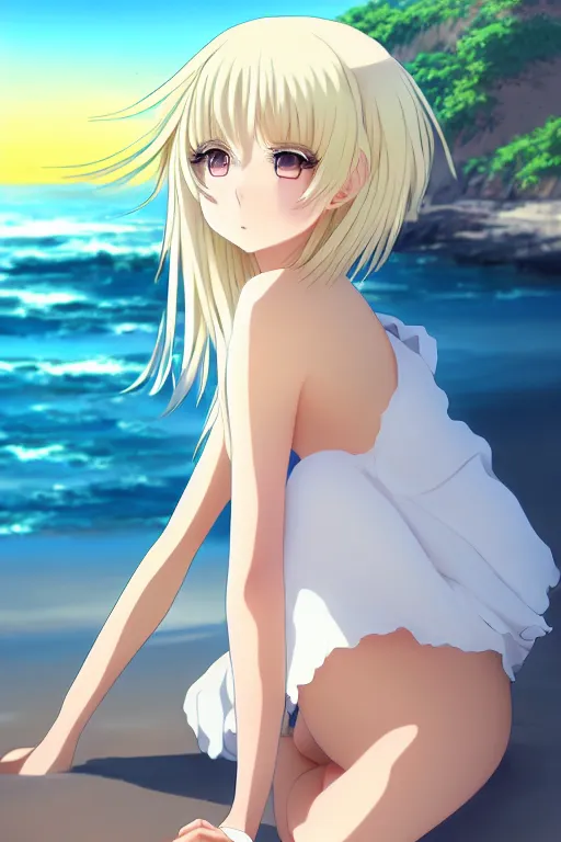 Prompt: anime art full body portrait character concept art, anime key visual of elegant young female, platinum blonde straight bangs and large eyes, finely detailed perfect face delicate features directed gaze, laying down in the sand at sunset at a beach trending on pixiv fanbox, studio ghibli, extremely high quality artwork