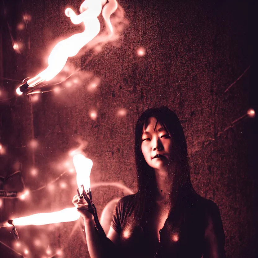 Image similar to a photo close up cyberpunk woman, fire dance in cyberpunk dirty alley, smoke mist rain, cyberpunk gunma prefecture, midnight, photorealistic, cinematic color, studio lighting, highly detailed, bokeh, style by tomino - sama