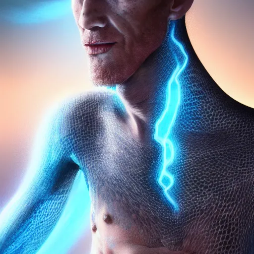 Image similar to snake man, up portrait with his face and body wrapped in white scales with glowing blue eyes. hyper photo realistic 8K HD HDRI, photo by Annie Leibovitz