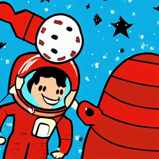 Prompt: 2 d cartoon of a red, short, bean shaped astronaut with no arms and a long blue visor