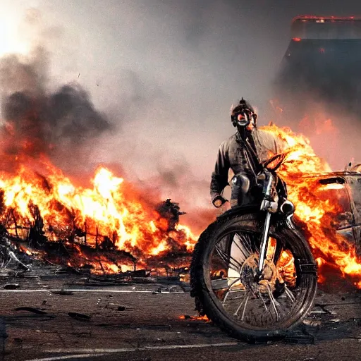 Image similar to post apocalyptic, biker with helmet in front of crashed airplane burning, photorealistic, highly detailed