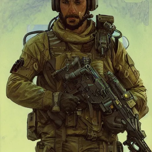 Image similar to Hector. USN special forces recon operator in futuristic gear, cyberpunk headset, laser guidance, on patrol in the Australian neutral zone, deserted city landscape. 2087. Concept art by James Gurney and Alphonso Mucha