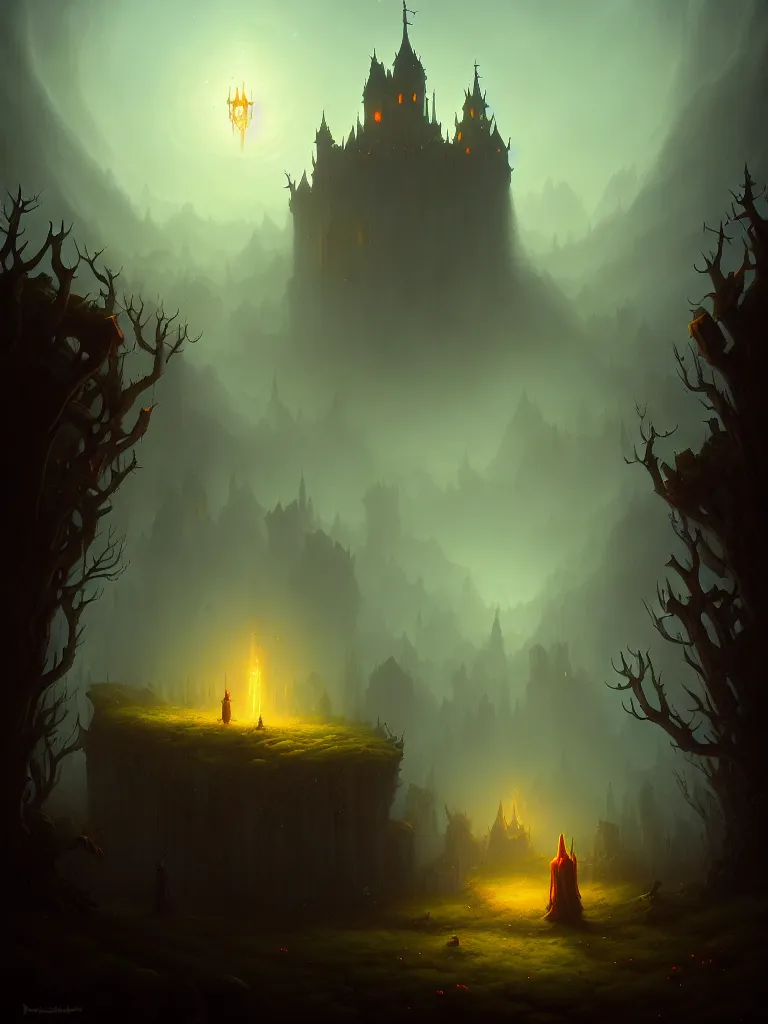 Prompt: a necromancer's castle in a meadow by peter mohrbacher, moody lighting, fantasy art, grimdark, magic