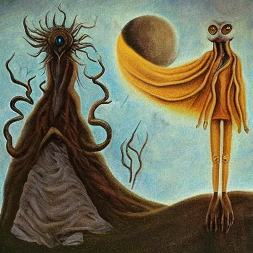 Prompt: Eternity is in love with the creations of time creative Creatures and monsters wander the landscapes of the Imagination, In the style of Leonora Carrington